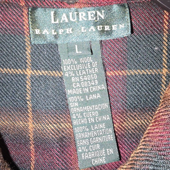Lauren Ralph Lauren Plaid Shirt Jacket Wool VTG Leather Large Unisex Full Zip - Picture 3 of 7